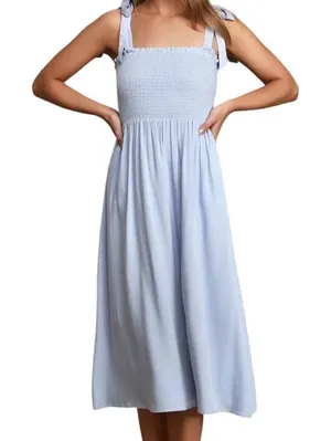 LULU’S Looking Up Blue Chambray Smocked Tie-Strap Midi Dress Sz XS Cottagecore thumbnail 1