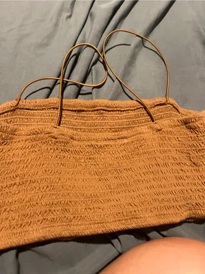 Anthropologie Maeve Smocked Spaghetti Strap Crop Top in Camel thumbnail 5