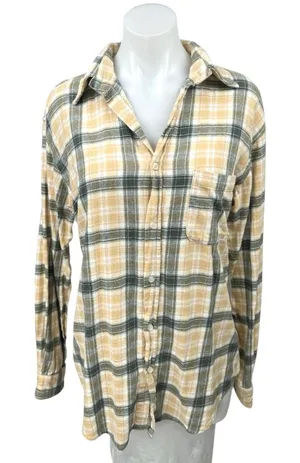 12th Tribe Green Beige Plaid Checkered Flannel Button Down Shirt Blouse Top Sz S thumbnail 1