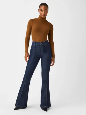 SPANX • Pintuck Flare Jeans pull on high rise bell bottom Raw Indigo dark wash thumbnail 4