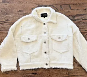 SHACI BLUE Ivory Fuzzy Trucker Sweater Jacket Oversized Distressed S Small 2655 thumbnail 1