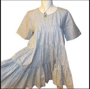 Free People Blue Stripe Babydoll Mini Dress Tiered Short Sleeve Size M NWT thumbnail 4