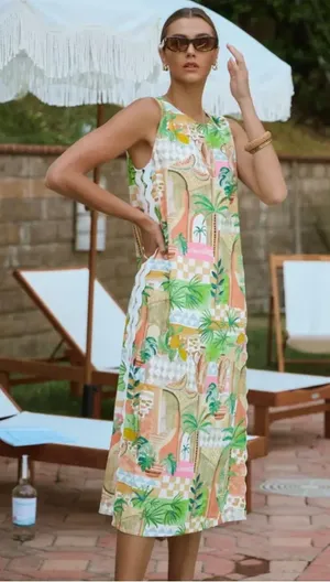 Oddi Women Linen‎ Resort Midi Dress Medium Multicolor Tropical Fruit Novelty thumbnail 1