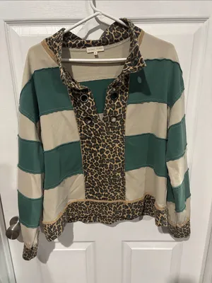 Gilded Intent Striped Green & Cream Rugby Top with Leopard Trim thumbnail 1