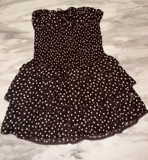 Wild Fable Brown White Polka Dot Strapless Smocked Tiered Mini Dress Medium NWT thumbnail 1
