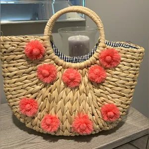 Straw Rattan Tote Bag with Floral Accents & Gingham Lining thumbnail 4
