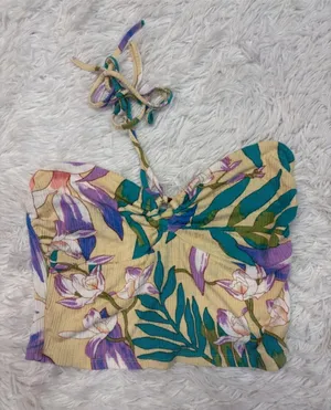 Billabong Floral Halter Crop Top in Yellow, Teal & Purple thumbnail 1