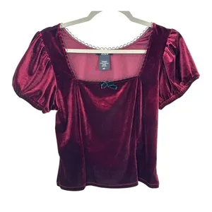 AURA Burgundy Babydoll Velvet Puff Sleeve‎ Square Neck Bow Top Womens Medium thumbnail 1