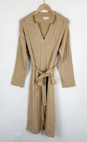 Roolee V-Neck Knit Ribbed Sweater Belted Midi Dress thumbnail 1