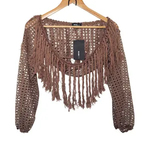 Miamisty Large Brown Crochet Boho Chic Cropped Fringed Cover Up Top Whimsigoth thumbnail 1