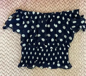 cute navy & white polka dot sheer top 💙🤍 Blue thumbnail 3