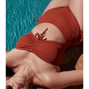 Aerie Womens Ribbed Cutout One Piece Swimsuit Rust Brown Ruched Medium thumbnail 7