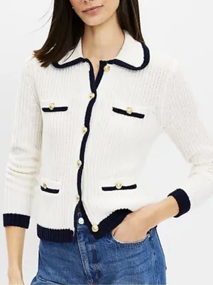 Loft Womens Tipped Ribbed Button Down Sweater Cream Navy Small thumbnail 1