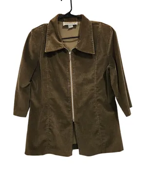 Yenny Brown Retro 3/4 Sleeves Zip Front Collared Corduroy Blazer Jacket Large thumbnail 1