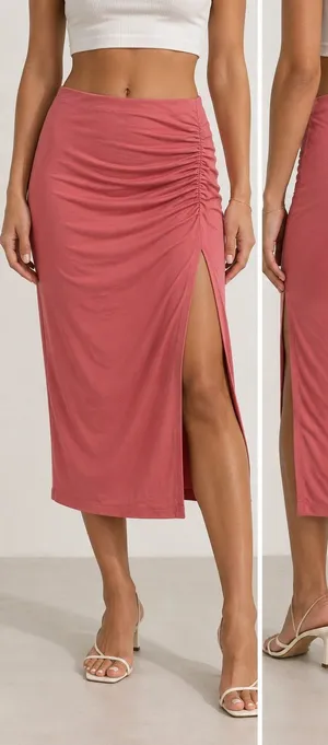 Wilfred Aritzia Pink Ruched Midi Skirt XS Side Slit Y2K Bodycon thumbnail 1
