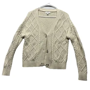 EVEREVE Cable Knit Cardigan XS 100% Cotton V-Neck Sweater Cream Preppy Fisherman thumbnail 1
