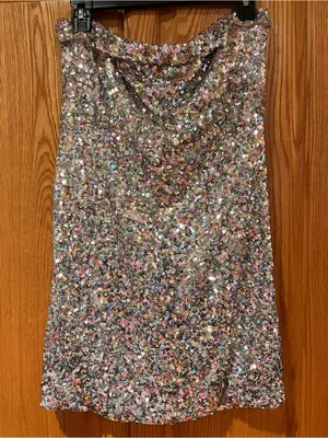 Mable Silver Allover Sequin‎ Bodycon Strapless Mini Dress Front Slit Size Large thumbnail 2