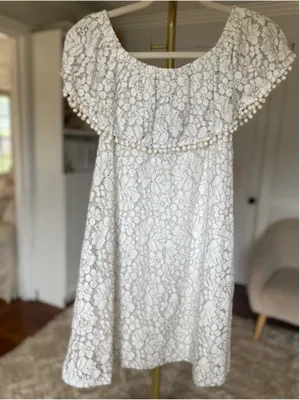 As You Wish White Mini Dress Lace‎ Pom Trim Cottagecore Romantic Boho S thumbnail 3