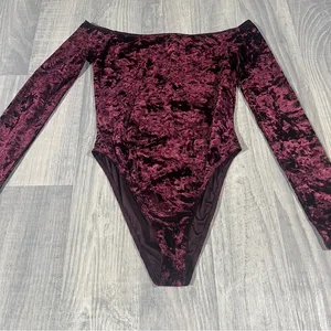 Forever 21 Velvet Off-Shoulder Bodysuit in Burgundy; Medium Women’s thumbnail 1
