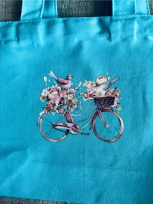 Women’s Aqua Blue Canvas Mid Size Floral/Bike Design Tote Bag NWT thumbnail 3