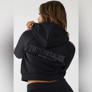 NWT True Religion Crystal Zip Hoodie Size S Black & Maroon thumbnail 2
