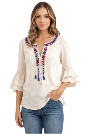 Umgee Embroidered Peasant Boho Blouse Tassel Tie Cream Bohemian Top M thumbnail 1