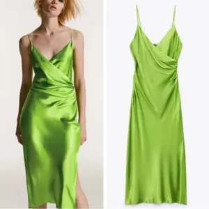 NWT ZARA Bright Green Satin Slip Midi Dress Sz XL Drapey Wrap Side Slit thumbnail 6