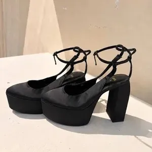 Zara Black Satin Platform Slingback Chunky Platform Heels Size 39 / 8.5 thumbnail 2