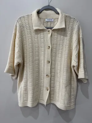 The Lifestyled Co Crochet Knit Short Sleeve‎ Sweater Oversized Fit Beige Sz M thumbnail 1