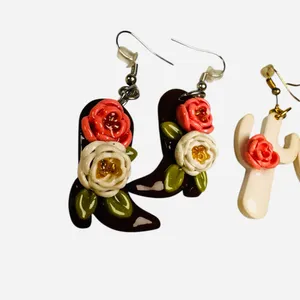 Artisan! Handmade Cowboy Boots /Cactus Rose / Lemon Clay Hook Earrings 3 Pair thumbnail 2