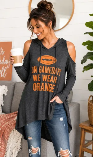 Zutter Game Day Cold Shoulder Hooded Tunic Top Orange Football Graphic Gray, M thumbnail 1