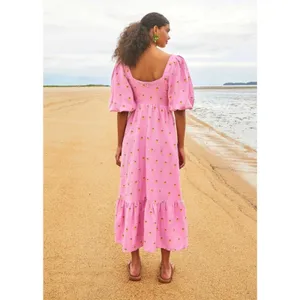 Farm Rio Pink Linen Embroidered Pineapples Tiered Midi Dress SMALL thumbnail 8