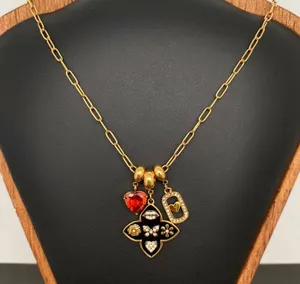 18K Gold Romance Red Heart Pendant Butterfly Flower Charms Necklace Removable charms thumbnail 1