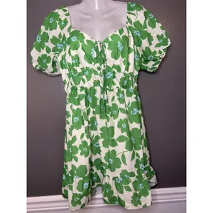 Le Lis Dress Womens Medium Green Floral Puff Sleeve Sweetheart Ruffle Sundress thumbnail 2
