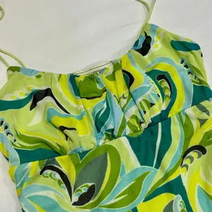 Vintage Y2K No Comment Green Abstract Swirl Mesh Lettuce Trim Mini Dress Small thumbnail 3