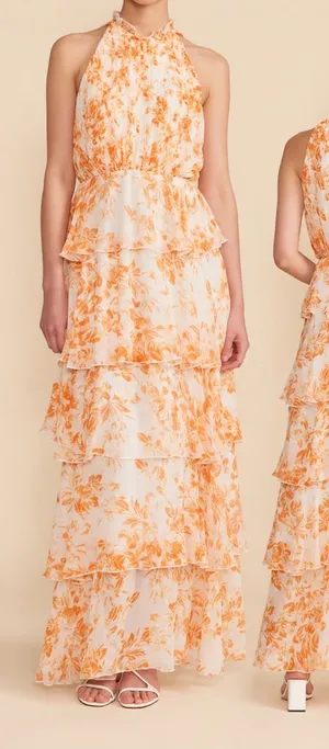 Lucy Paris Mari Orange Floral Tiered Halter Maxi Dress XS NWT $130 thumbnail 1