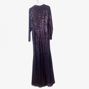New Mac Duggal Sequined‎ High Neck Long Sleeve Draped Purple Maxi Dress Gown 12 thumbnail 5