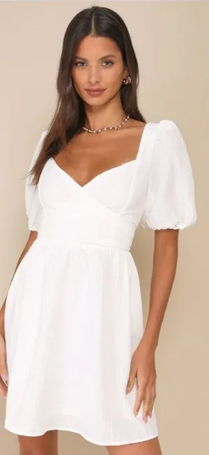 Lulus Little Bit In Love White Surplice Puff Sleeve Mini Dress Size Medium Beach thumbnail 1