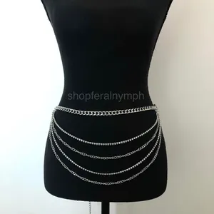 Y2K Glam Silver Rhinestone Draped Chain Belt, Fits 18–42 Inches, X7GA1196 thumbnail 2
