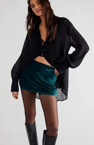 NWT Free People Deep Teal Velvet Mini Skirt SZ 10 thumbnail 1