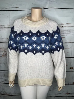Aerie NWT Size XL White - Blue Fair Isle Wool Blend Chunky Knit Sweater Top thumbnail 1