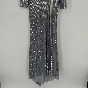 Mac Duggal Sequined Wrap Over Bishop Sleeve‎ Gown 4 Silver Formal Gala Wedding thumbnail 6