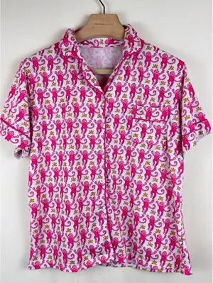 Pink Monkey Print Pajama Set Short Sleeve Top & Shorts Size L thumbnail 2