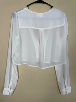 Superdown Women’s Sheer Cropped White V-Neck Chic Office Button-Up Blouse thumbnail 3