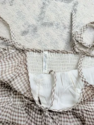 American Eagle Outfitters Brown and White Gingham Tie-Shoulder Crop Top thumbnail 4