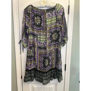 Women’s XL Purple Olive Patchwork Print Tunic Dress Ruffle Hem Tie Sleeves Boho thumbnail 14