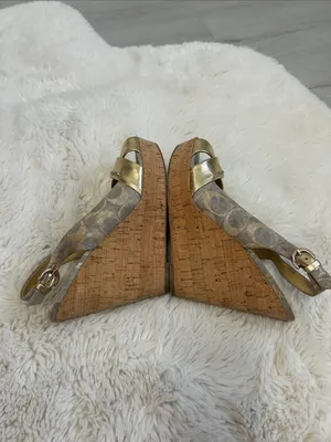 Coach Jessy Gold Metallic Canvas Logo Wedge Heeled Sandals thumbnail 5