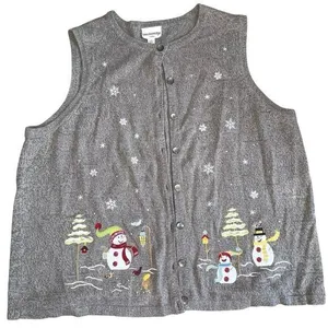Breckenridge Women's 2X XXL Christmas Cardigan Sweater Vest Winter Snowman Gray thumbnail 1