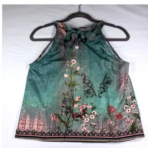 Womens Teal Floral Halter Neck Bow Back Sleeveless‎ Blouse Top Small thumbnail 5