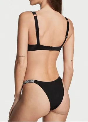 Victoria's Secret NWT SWIM Shine Strap Brazilian Bikini Bottom in black thumbnail 3